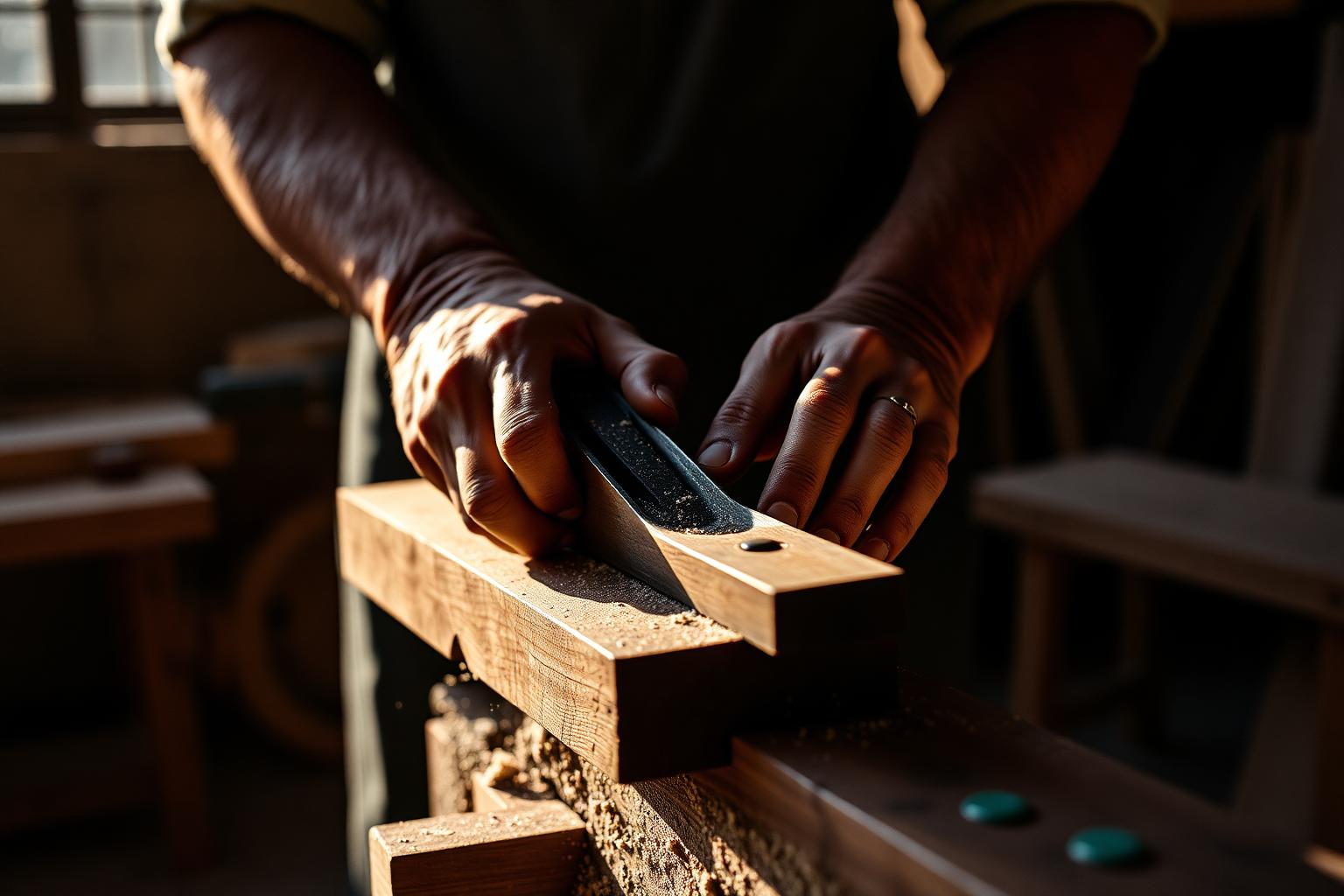 Carpenter hand-finishing a piece of trim
