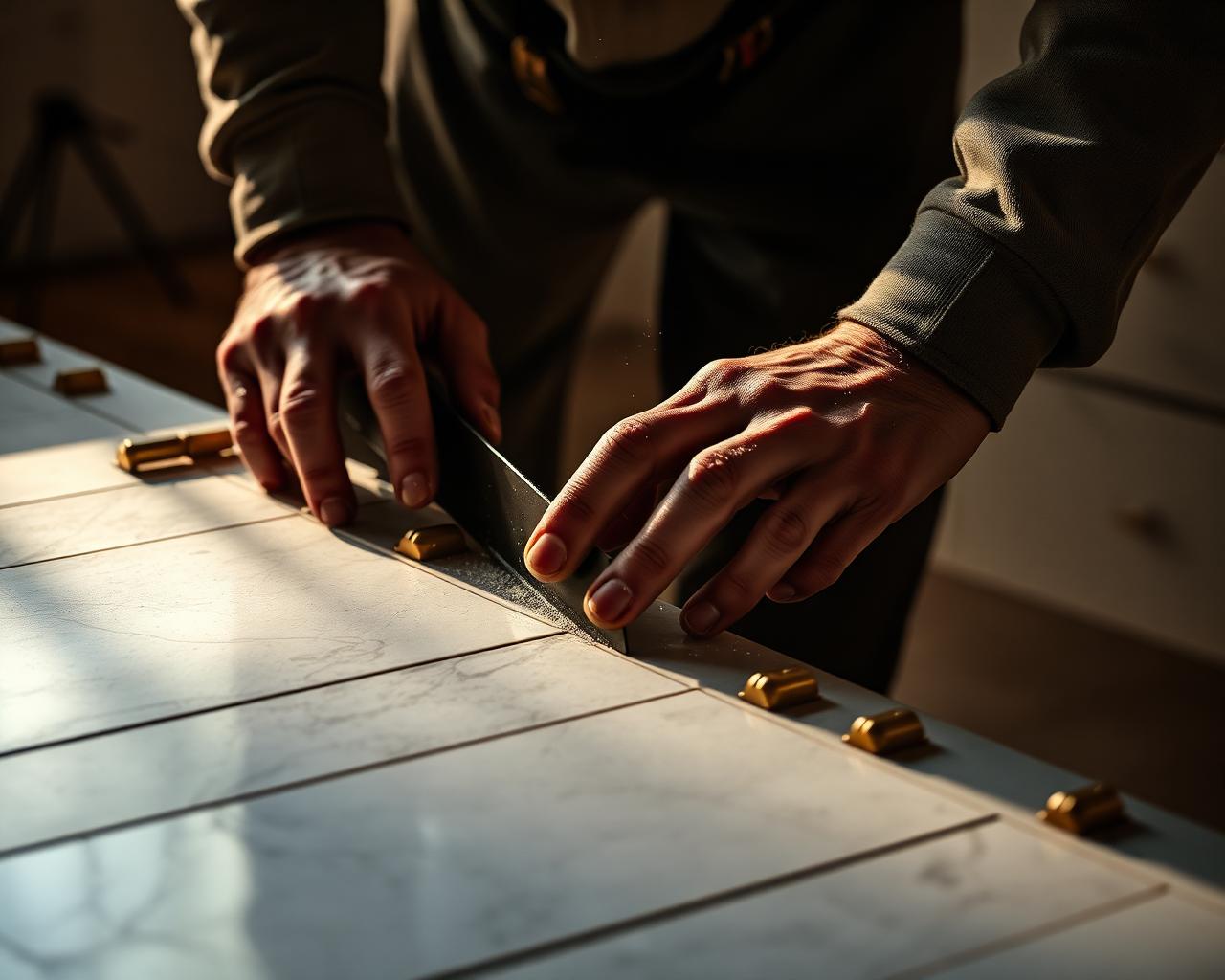 Stonemason setting a fireplace surround