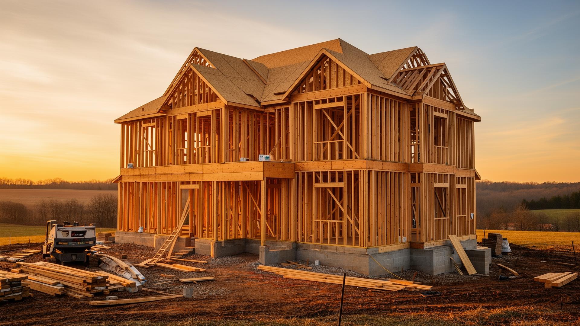 A Cumberland Forge home under construction at golden hour in rural Kentucky